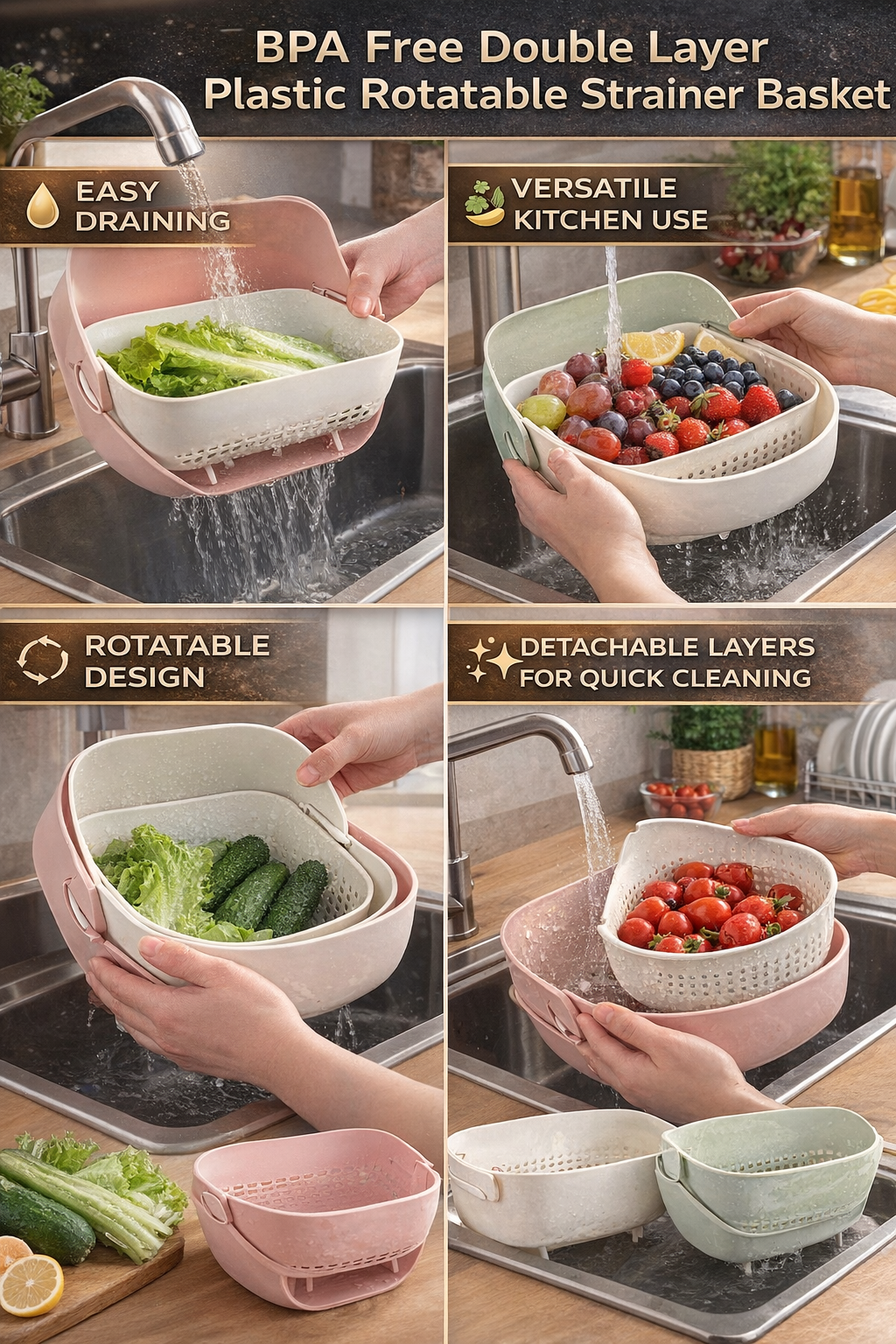 BPA-Free Double Layer Rotatable Strainer Basket