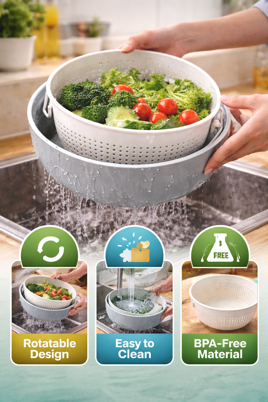BPA-Free Double Layer Rotatable Strainer Basket