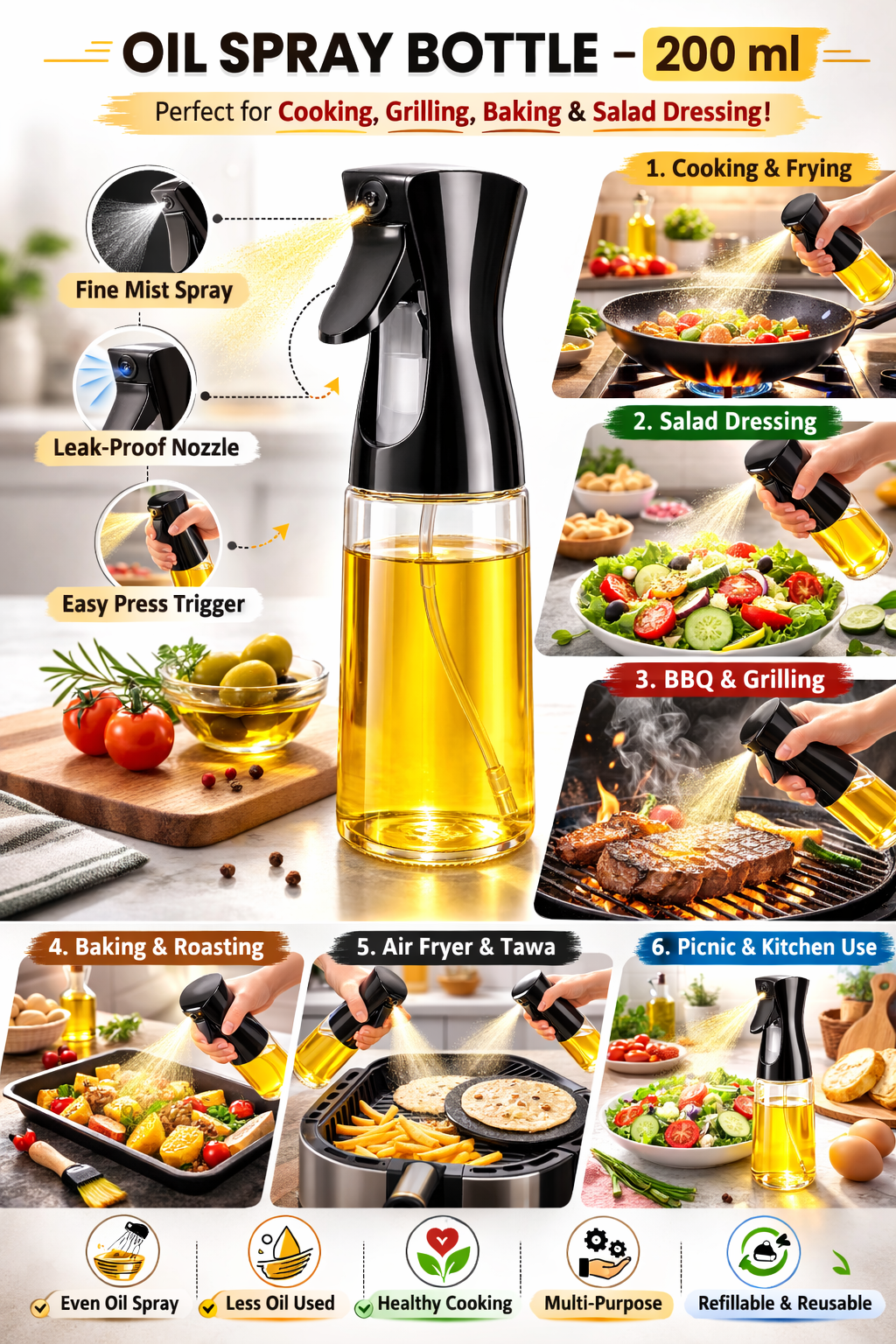 200ml Oil Spray Bottle – Fine Mist Glass Dispenser for Cooking, Baking & BBQ